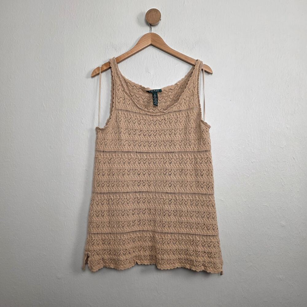 Lauren Ralph Lauren Linen Blend Open Crochet Tunic Longline Knit Tank Top | XL
